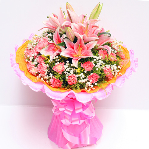 溫馨問(wèn)候-19朵粉色康乃馨+3枝多頭粉百合 花束
